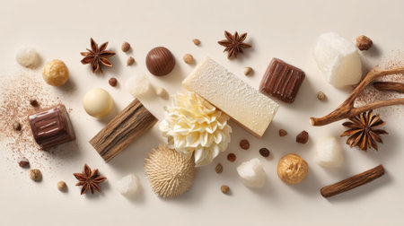Discover a captivating flat lay of assorted sweets and spices arranged aesthetically on a light background, perfect for culinary inspiration or lifestyle branding.の素材