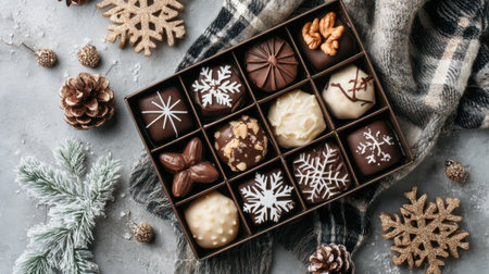 A beautifully arranged box of assorted gourmet chocolates featuring winter-themed designs and decorations, perfect for holiday celebrations and gift giving.の素材