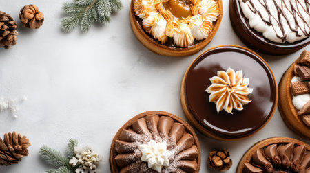 A beautiful display of assorted gourmet desserts featuring rich chocolates, creamy toppings, and a festive touch, perfect for holiday celebrations and gatherings.の素材