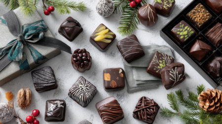 This beautiful arrangement features a variety of gourmet chocolates, including dark chocolate treats and seasonal decorations, ideal for celebrating special occasions.の素材