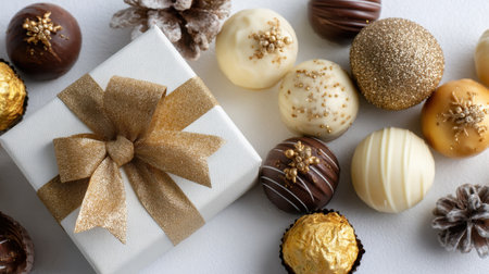 A stunning chocolate gift box with a golden bow is surrounded by various truffles and sweets on a white surface, perfect for festive celebrations and indulgent moments.の素材