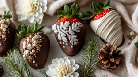 Delightful arrangement of gourmet chocolate covered strawberries adorned with decorative icing and edible pearls, surrounded by floral accents and pine branches.の素材