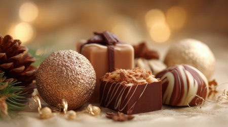 This luxurious winter scene showcases assorted chocolates surrounded by decorative ornaments and pinecones, creating a warm and inviting festive atmosphere.の素材