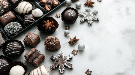 A visually stunning arrangement of gourmet chocolate truffles and sweets, beautifully decorated for a winter celebration, featuring snowflakes and spices on a soft background.の素材