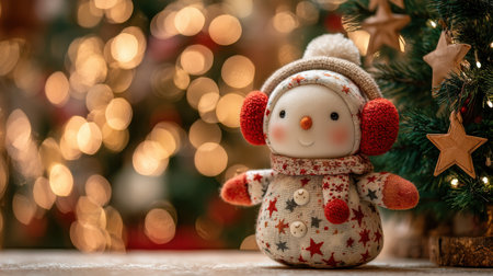 This delightful snowman figurine, adorned with red earmuffs and a cozy hat, captures the essence of Christmas cheer amidst twinkling lights and festive decorations.の素材