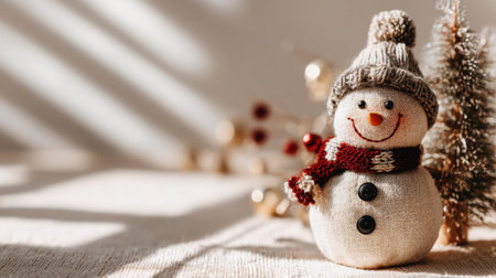 A charming snowman decoration wearing a knit hat and scarf adds a festive touch to winter decor, perfect for holiday celebrations and cozy gatherings.の素材