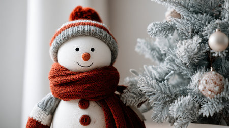 A delightful snowman decoration wearing a bright red scarf, positioned next to a frosted Christmas tree, creates a warm and festive atmosphere perfect for the holiday season.の素材