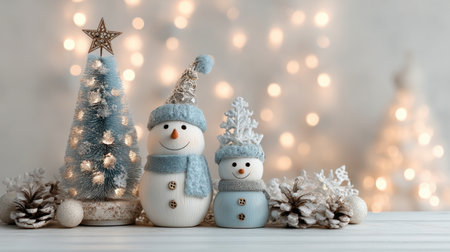 A charming winter scene featuring a cute snowman and snowbaby with a backdrop of a decorated Christmas tree. Perfect for festive celebrations and holiday warmth.の素材