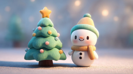 A charming snowman wearing a green hat and a scarf stands next to a colorful Christmas tree, creating a delightful scene filled with holiday cheer and warmth.の素材