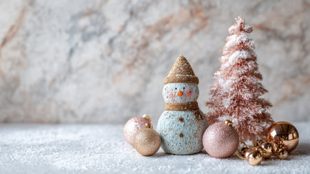 Delight in a whimsical scene featuring a charming snowman beside a delicate pink tree and shiny ornaments, perfect for evoking holiday cheer and joyful celebrations.の素材