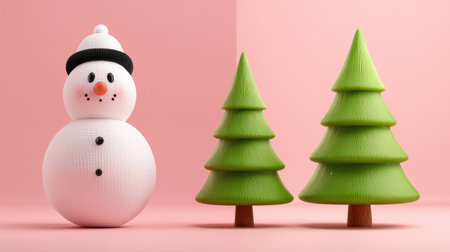 This adorable 3D illustration features a cheerful snowman with a black hat standing alongside two green Christmas trees on a pink background, perfect for holiday themes.の素材