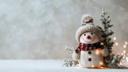 A delightful snowman decoration radiates warmth and joy, adorned with twinkling lights and nestled beside frosty pine branches, ideal for winter festivities.の素材