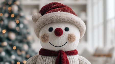 This charming snowman decoration adds a festive touch to a cozy living room, perfectly complementing the lovely Christmas tree adorned with warm lights.の素材
