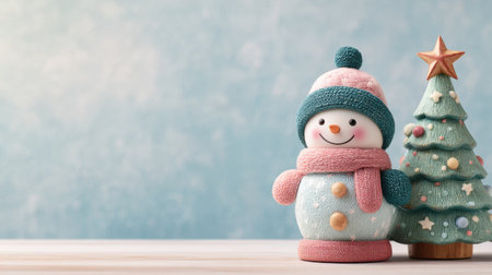 A charming snowman and a beautifully crafted Christmas tree create a joyful winter scene on a wooden surface against a soft blue background, perfect for festive celebrations.の素材