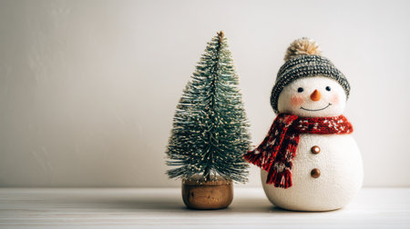 A delightful snowman stands beside a small Christmas tree, adorned in a cozy scarf and hat, creating a cheerful winter atmosphere perfect for holiday decorations.の素材
