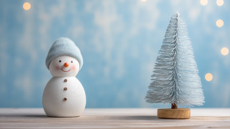 A delightful scene featuring a charming snowman and a minimalist Christmas tree, perfect for adding a cozy winter touch to any home during the festive season.の素材