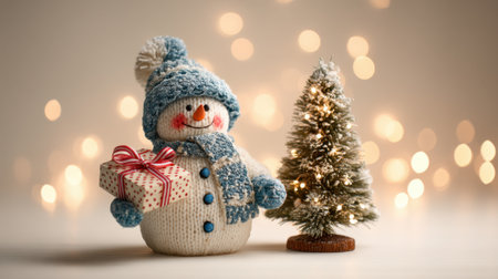 A joyful snowman in a blue hat holds a beautifully wrapped gift next to a small Christmas tree adorned with lights, creating a charming holiday atmosphere.の素材