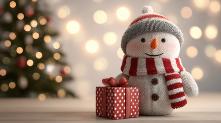 This delightful snowman, dressed in a cozy scarf, holds a red gift box against a backdrop of sparkling Christmas lights, evoking warmth and holiday magic.の素材