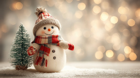 A delightful snowman wearing a cozy hat and scarf stands beside a tiny tree, with soft glowing lights in the background, capturing the magic of winter festivities.の素材