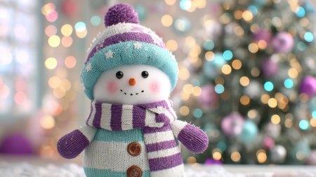 This adorable snowman figure, dressed in a colorful knitted hat and scarf, adds charm to a festive scene filled with glowing Christmas lights and decorations.の素材