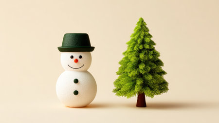 Cheerful snowman with a green hat and a smiling face stands next to a lush green Christmas tree, creating a delightful winter scene perfect for holiday themes.の素材