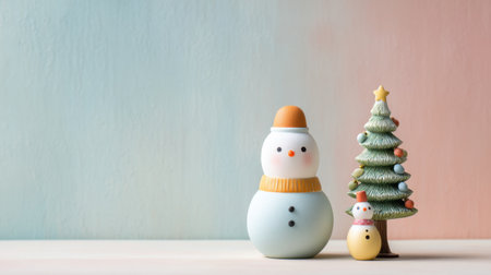 This charming image features a festive snowman and a decorative Christmas tree on a soft pastel background, perfect for evoking the holiday spirit and inspiring decor ideas.の素材