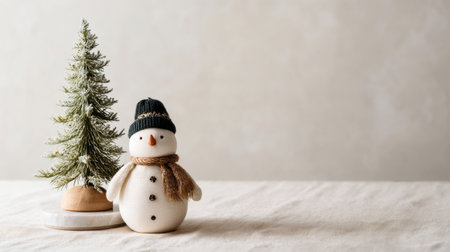 Delight in this charming winter composition showcasing a snowman beside a small evergreen tree, ideal for evoking the warmth and spirit of the holiday season.の素材