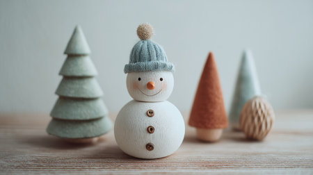 Adorable wooden snowman stands amidst soft-textured Christmas trees and unique ornaments, creating a warm and festive atmosphere perfect for winter celebrations.の素材