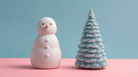 A delightful snowman stands beside a textured Christmas tree, set against a pastel background, perfect for evoking holiday cheer and seasonal warmth in decor.の素材