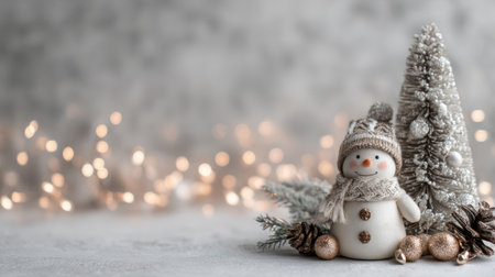 A delightful winter scene showcases a charming snowman ornament surrounded by sparkling pine trees and golden baubles, evoking warmth and seasonal joy.の素材
