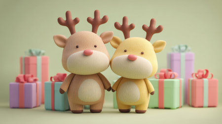 Two adorable cartoon reindeer characters in pastel colors stand together with festive gifts surrounding them, perfect for evoking holiday cheer and joy.の素材