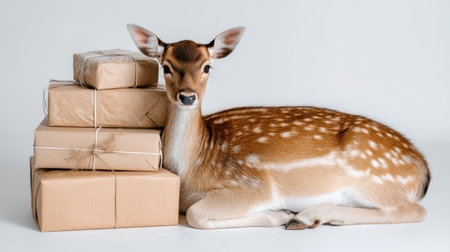 A charming young fawn rests beside neatly wrapped brown packages, bringing a sense of warmth and joy. Ideal for themes of nature, gifts, and holiday cheer.の素材
