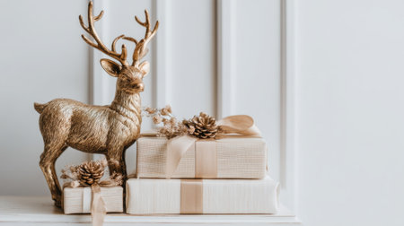 Charming winter scene featuring a golden deer statue beside beautifully wrapped gift boxes, perfect for festive decoration and holiday inspiration in stylish homes.の素材