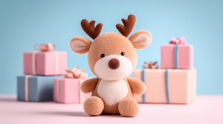 This charming reindeer plush toy brings joy and warmth during the holiday season while surrounded by delightful pastel gift boxes, perfect for festive celebrations.の素材