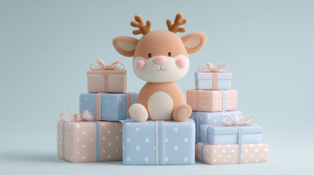 This charming cartoon reindeer character is surrounded by beautifully wrapped gift boxes, bringing a joyful and festive atmosphere to any celebration or design project.の素材