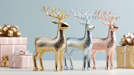 This image features three elegant decorative reindeer in gold, silver, and rose gold, perfectly positioned alongside beautiful gift boxes to enhance festive cheer.の素材