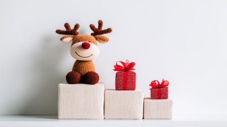 Adorable plush reindeer sits happily next to beautifully wrapped Christmas gifts on soft white blocks, creating a cozy and festive atmosphere for holiday celebrations.の素材