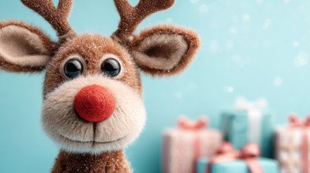 This delightful plush reindeer toy features a playful face with a red nose and soft fur. It brings warmth and joy to the holiday season surrounded by colorful gift boxes.の素材