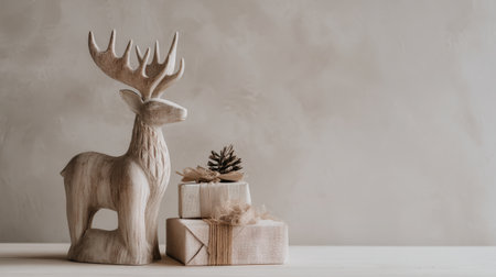 This elegant wooden deer sculpture stands next to beautifully wrapped gifts and a pine cone, creating a serene and festive atmosphere perfect for seasonal decor.の素材