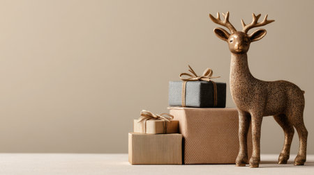 A charming reindeer figurine stands beside delicately wrapped gift boxes on a soft beige backdrop, ideal for capturing the spirit of holiday celebrations and joy.の素材