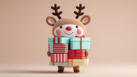 This charming reindeer character brings joy with its colorful gift boxes, ideal for holiday-themed projects. Perfect for festive illustrations and cheerful decorations.の素材