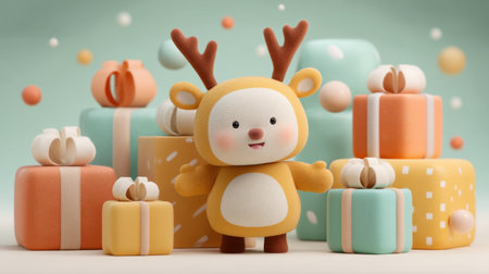 This charming cartoon deer character stands happily among beautifully wrapped gifts in soft pastel colors, creating a delightful and festive atmosphere ideal for holidays.の素材