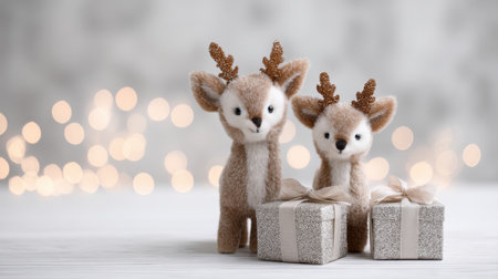 Adorable felt deer figurines with golden antlers and gift boxes create a warm, festive atmosphere perfect for holiday decor and cheerful celebrations.の素材