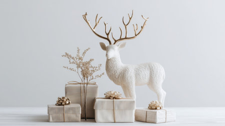 Capture the essence of the season with this elegant holiday display featuring a white reindeer, wrapped gifts, and soft floral accents, perfect for festive dの素材