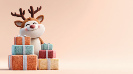 A charming cartoon reindeer toy stands joyfully next to colorful gift boxes on a soft pastel background, ideal for holiday themes and festive designs.の素材