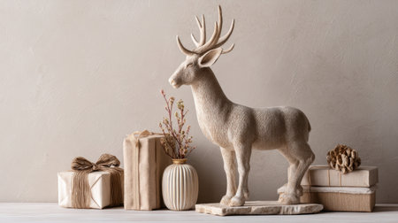 This charming holiday scene showcases a decorative deer statue alongside elegantly wrapped gifts, creating a warm and inviting atmosphere perfect for seasonal celebrations.の素材
