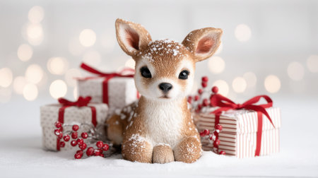 This charming fawn figurine adds a delightful touch to holiday decor, sitting peacefully amidst wrapped gifts and festive berries, perfect for capturing the spirit of the season.の素材