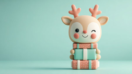Adorable cartoon reindeer character with pastel colors holds wrapped gifts, perfect for holiday themes, children's decorations, and seasonal joy.の素材