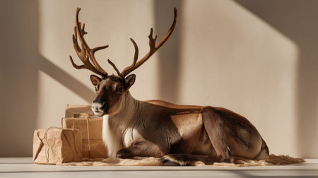 A serene reindeer lies gracefully next to beautifully wrapped gifts, bathed in soft light that highlights its elegant antlers and the tranquil holiday spirit.の素材