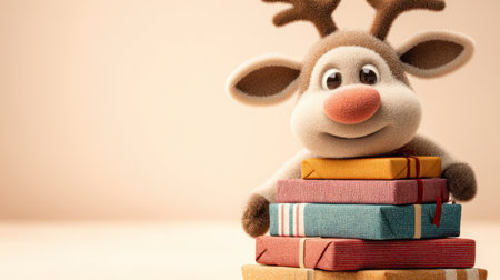 Adorable animated reindeer character holding colorful gift boxes brings cheerful spirit to holiday celebrations, perfect for seasonal decorations and joyful moments.の素材